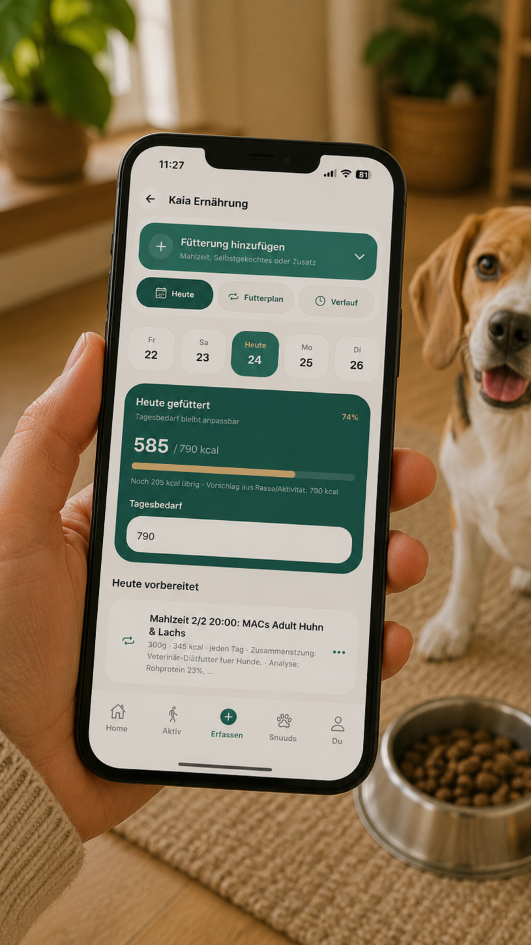 SnuudUp Home Screen mit Fütterung erledigt