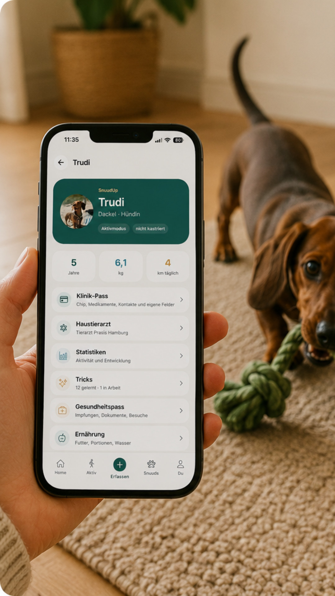 SnuudUp Erfassen Screen mit Gewicht und Gesundheit eintragen
